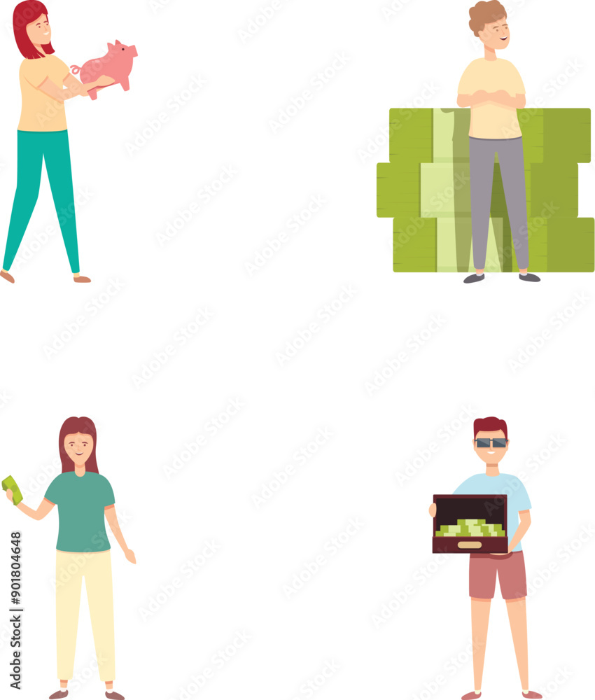 Financial education icons set cartoon vector. Teenager learning investment basic. Saving money Financial education icons set cartoon vector. Teenager learning investment basic. Saving money