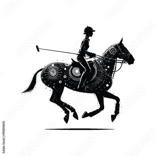 polo player riding horse female player with cyberpunk, glitch pattern illustration, emblem shield badge