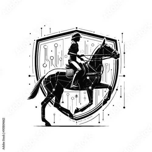 polo player riding horse female player with cyberpunk, glitch pattern illustration, emblem shield badge