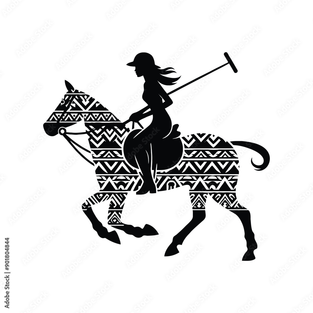 polo player riding horse female player with ethnic polynesia pattern illustration, emblem shield badge polo player riding horse female player with ethnic polynesia pattern illustration, emblem shield badge