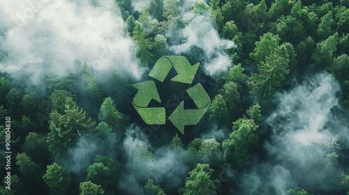 Recycling sign and forest background. Ecological waste management and sustainability. AI generated image