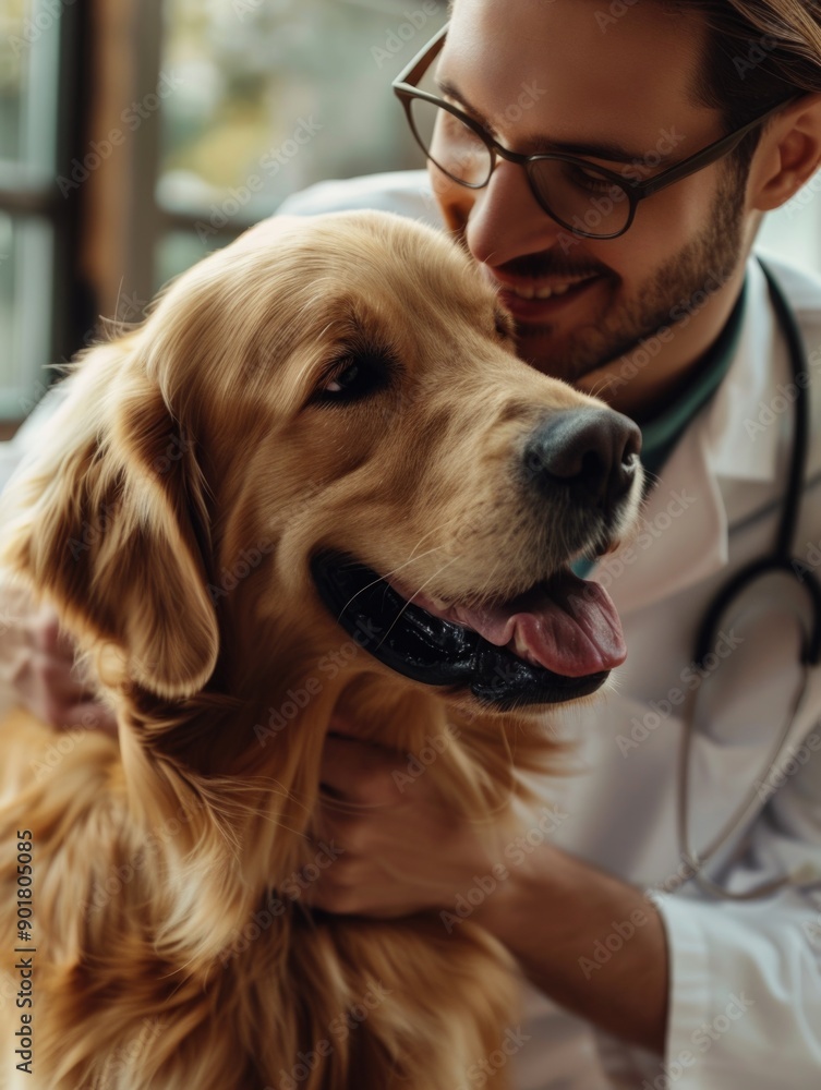 A person wearing a lab coat holds a golden retriever, suggesting a scientific or medical context A person wearing a lab coat holds a golden retriever, suggesting a scientific or medical context