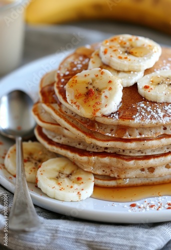 Banana Topped Pancakes on a Plate