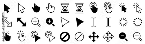 Pointer click icon set. Pixel perfect icons pointer cursor.  Hand clicking icon set. Thin line icons collection. Cursors skip swipe. Vector illustration