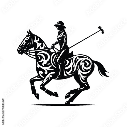 polo player riding horse female player with ethnic tribal tattoo, gothic, pattern illustration, emblem shield badge