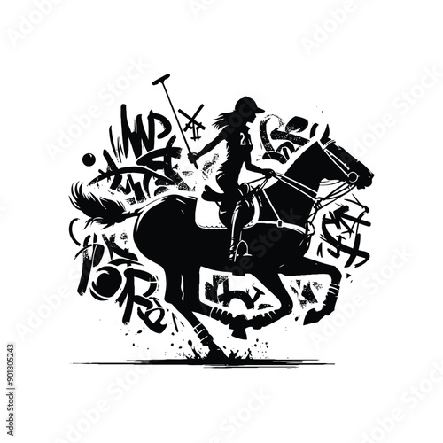 polo player riding horse female player with graffiti tags, street art pattern illustration, emblem shield badge