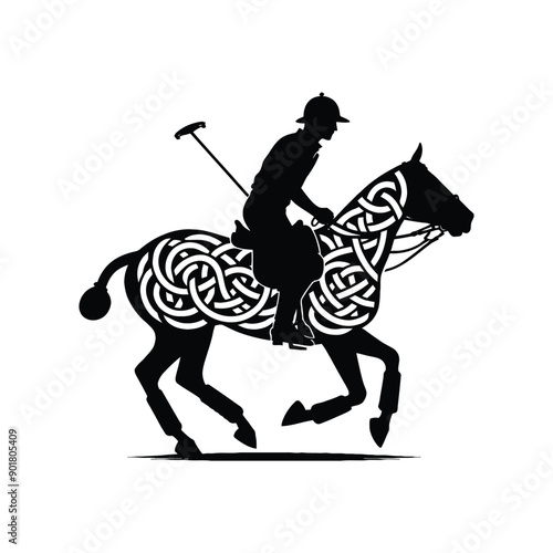 polo player riding horse male player with celtic knot, nordic pattern illustration, emblem shield badge