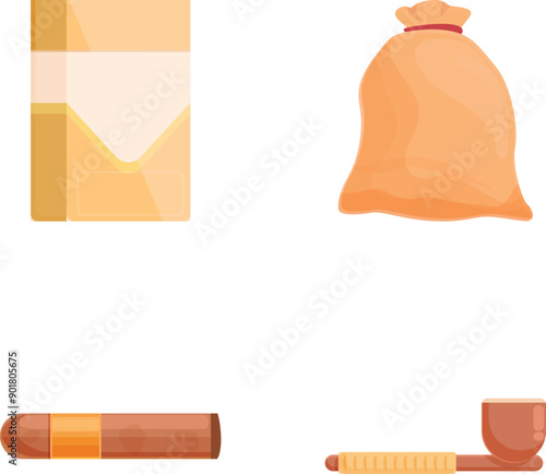 Smoking tool icons set cartoon vector. Cigarette, cigar and smoking device. Tobacco product