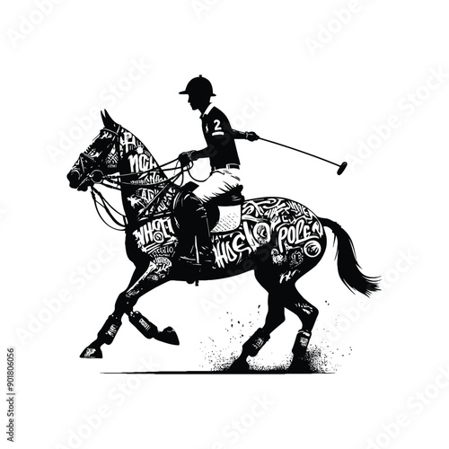 polo player riding horse male player with graffiti tags, street art pattern illustration, emblem shield badge