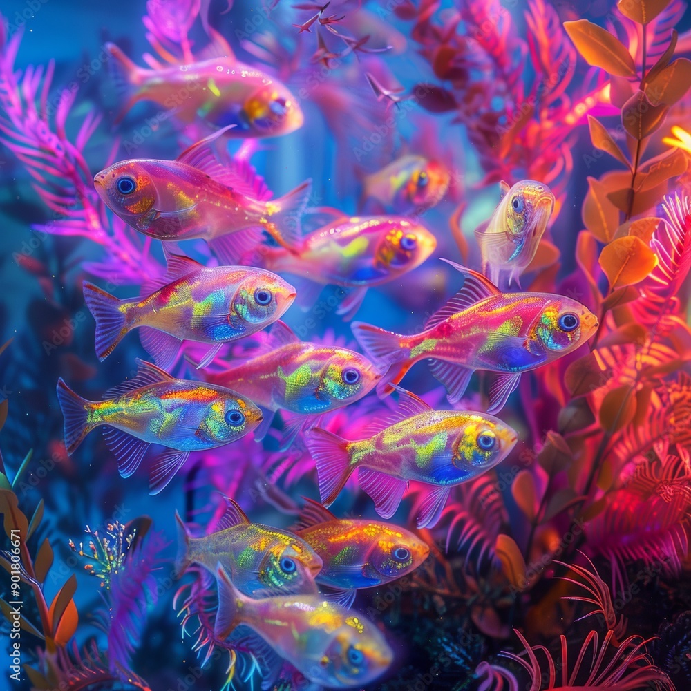 Glowing Psychedelic Tetra Fish School in Neon-Lit Aquarium - Futuristic 3D Render with Vibrant Energy and Swirling Patterns Glowing Psychedelic Tetra Fish School in Neon-Lit Aquarium - Futuristic 3D Render with Vibrant Energy and Swirling Patterns