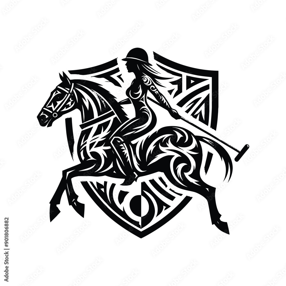 Obraz premium polo sport female player with ethnic tribal tattoo, gothic, pattern illustration, emblem shield badge