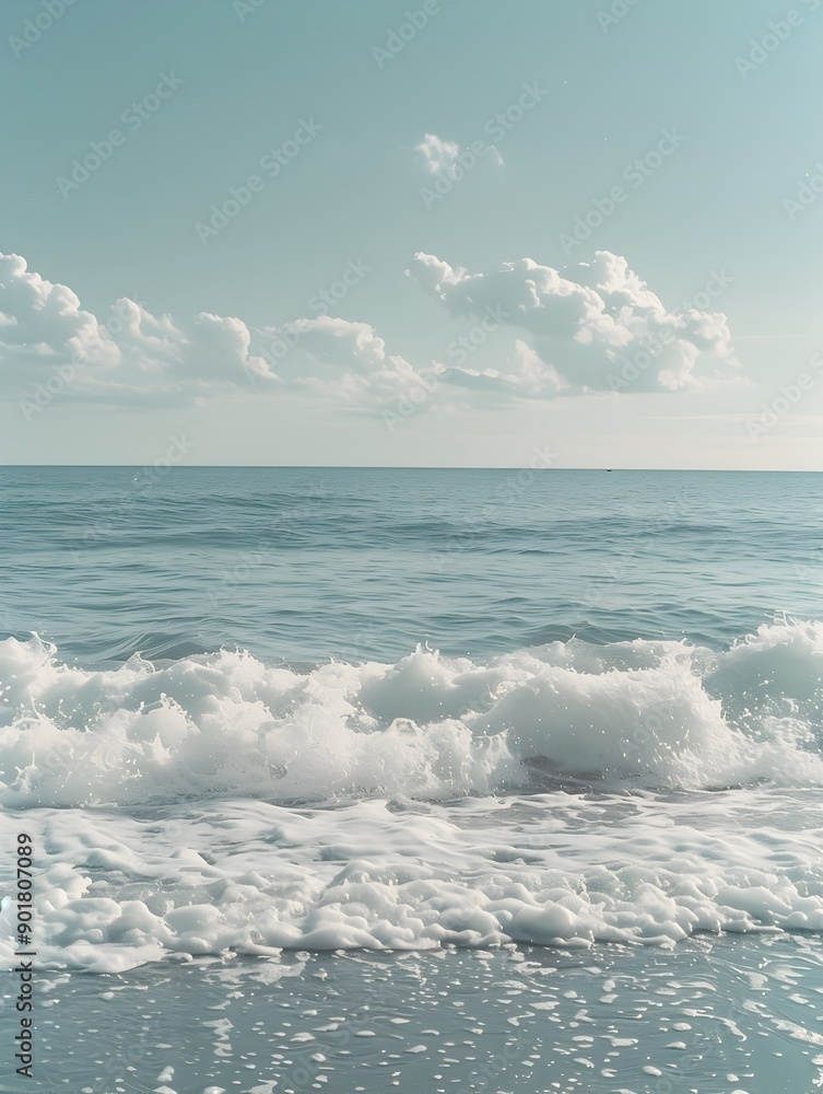 Fototapeta premium Serene Coastal Waves in Scandinavian Summer Minimalist Analog Film Photography