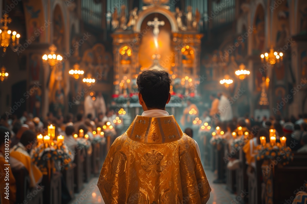 Priest Walking Through Lit Candles During Church Service Priest Walking Through Lit Candles During Church Service