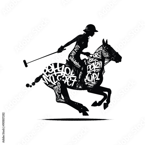 polo sport female player with graffiti tags, street art pattern illustration, emblem shield badge