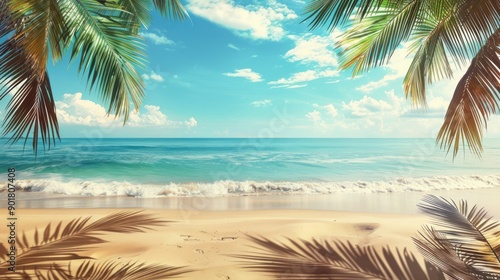 Palm tree leaves frame a serene tropical beach scene.