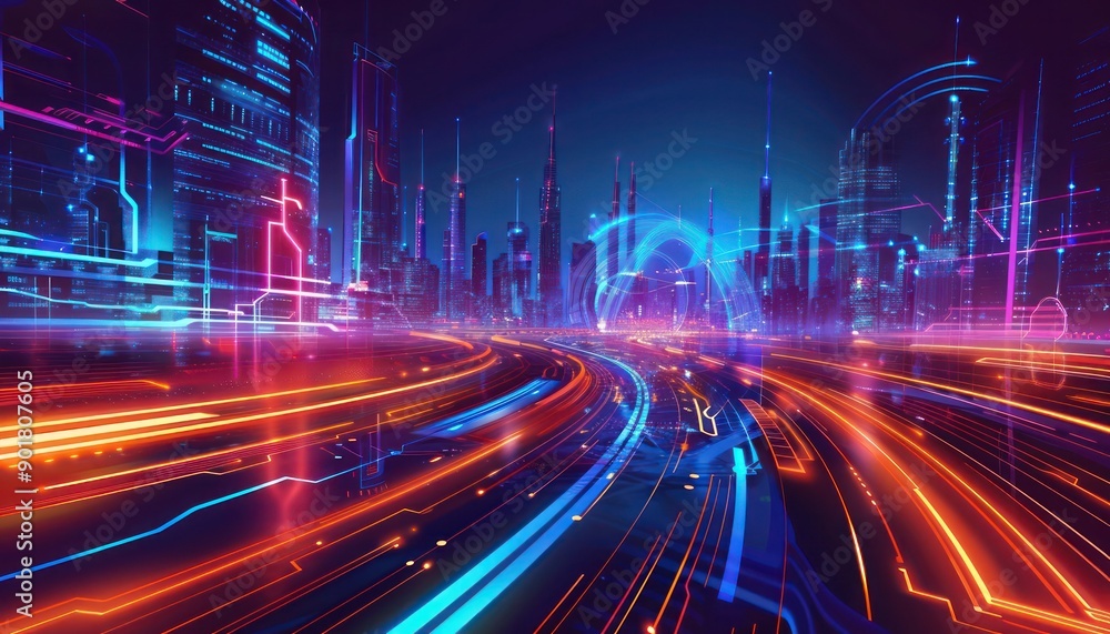 Abstract high-tech urban design featuring vector graphics of a futuristic cityscape with neon accents, ideal for digital banner backgrounds. Abstract high-tech urban design featuring vector graphics of a futuristic cityscape with neon accents, ideal for digital banner backgrounds.