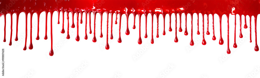 Thick red blood drips isolated on transparent panoramic background, line of dripping blood, horror, crime, or Halloween web banner, png file