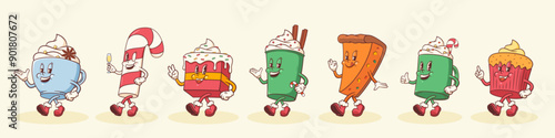 Groovy Christmas Retro Characters Set. Cartoon Food and Drink Xmas Pie, Cupcake, Latte Coffee, Candy Cane. Vector Winter Holiday Sweets Mascot Templates. Happy Cosy Personage Illustrations Isolated