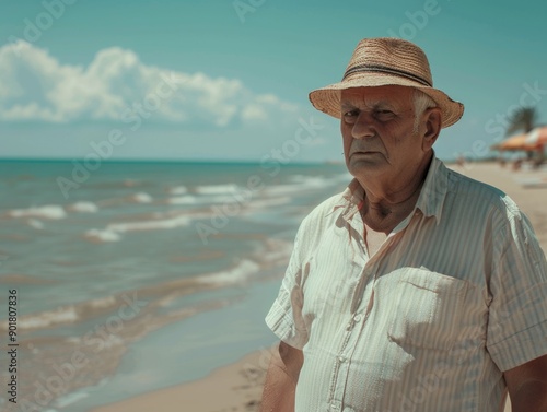 A person stands alone on a sandy beach next to the vast ocean, ideal for travel and vacation themes