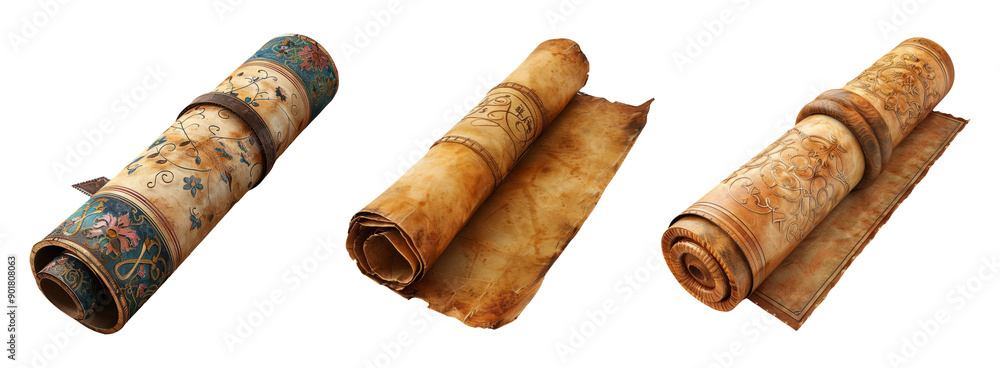Antique Rolled Scrolls with Decorative Patterns Unfurled on Aged Paper on a Transparent Background Antique Rolled Scrolls with Decorative Patterns Unfurled on Aged Paper on a Transparent Background