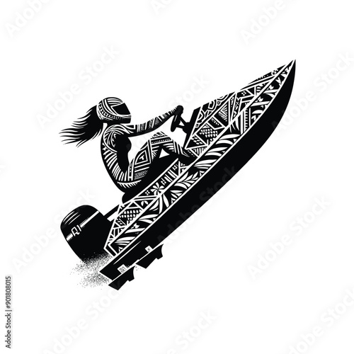 Powerboat Racing female player with ethnic polynesia pattern illustration, emblem shield badge