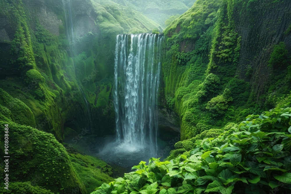 Enchanted Green Waterfall Oasis in Lush Forest Enchanted Green Waterfall Oasis in Lush Forest
