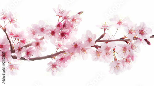 Pink cherry blossom on white background, isolated Sakura tree branch -