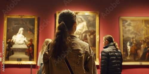 A woman stands in front of paintings in a museum, taking time to appreciate the artwork