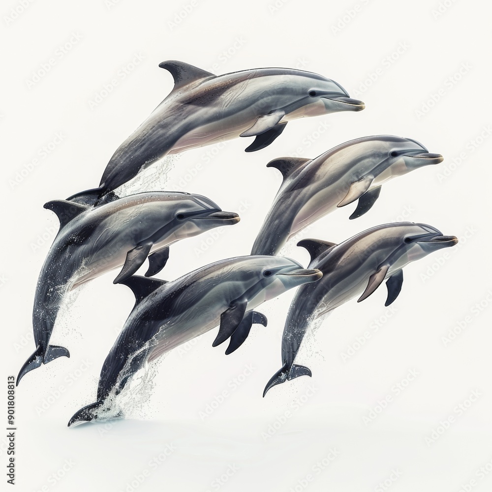 Obraz premium Energetic Dolphin Pod Swimming Together in Playful Harmony on White Background - Marine Life Concept