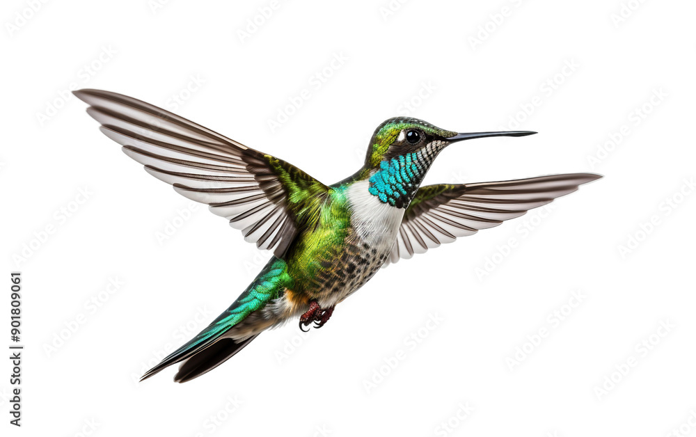Obraz premium Beautiful hummingbird in mid-flight, showcasing vibrant colors and detailed feathers, ideal for bird and nature-themed projects.