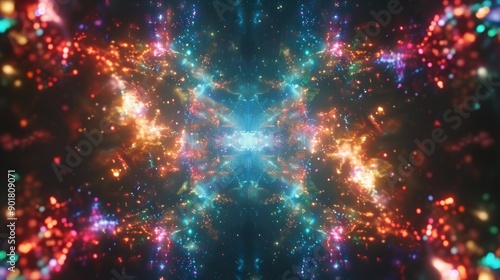 Abstract colorful light particles forming a symmetrical pattern.