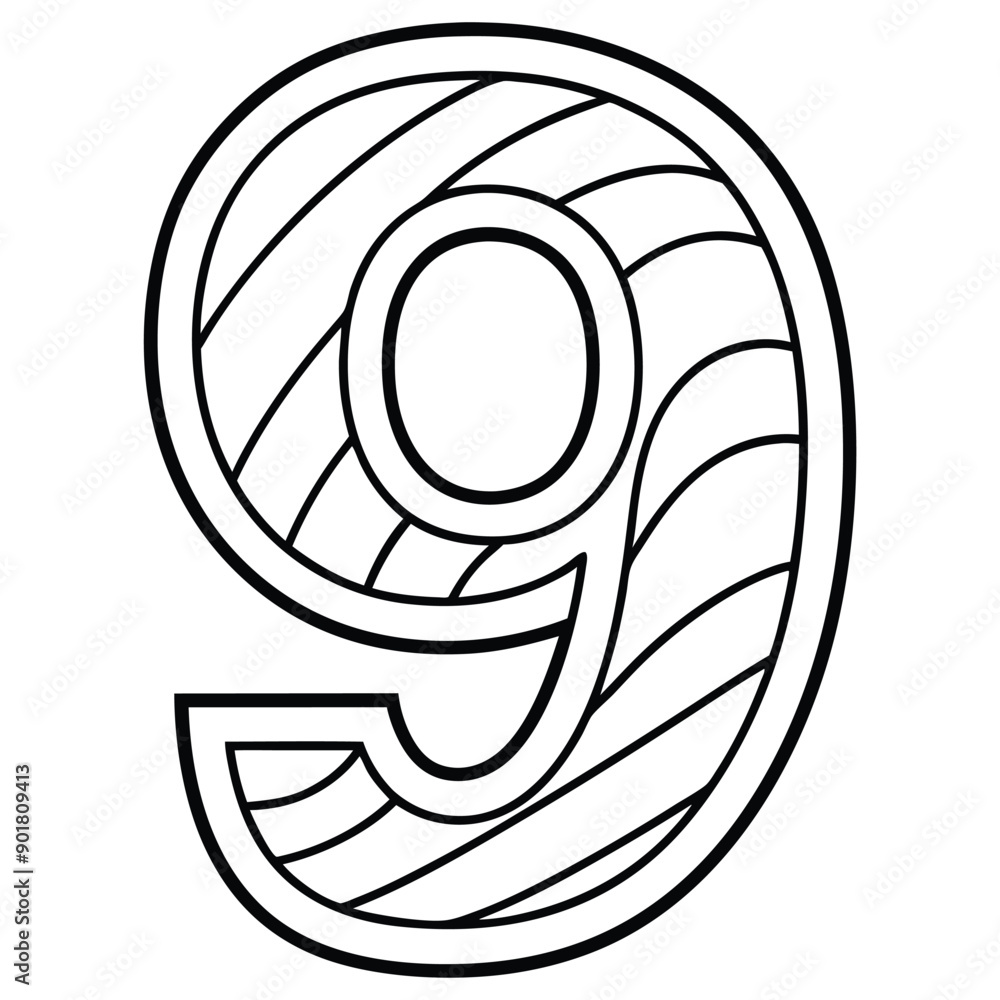 a minimalistic traced number 9 letter having dotted outline vector on white background