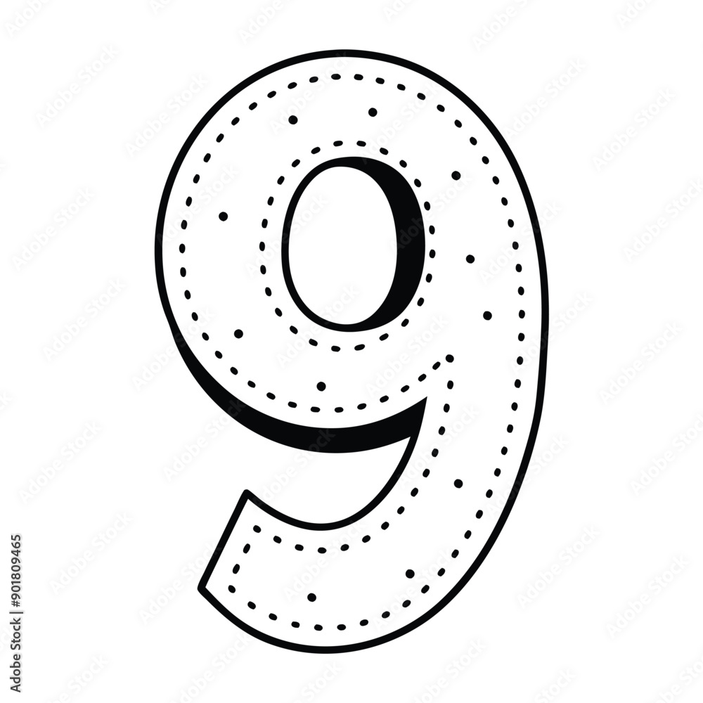 Obraz premium a minimalistic traced number 9 letter having dotted outline vector on white background