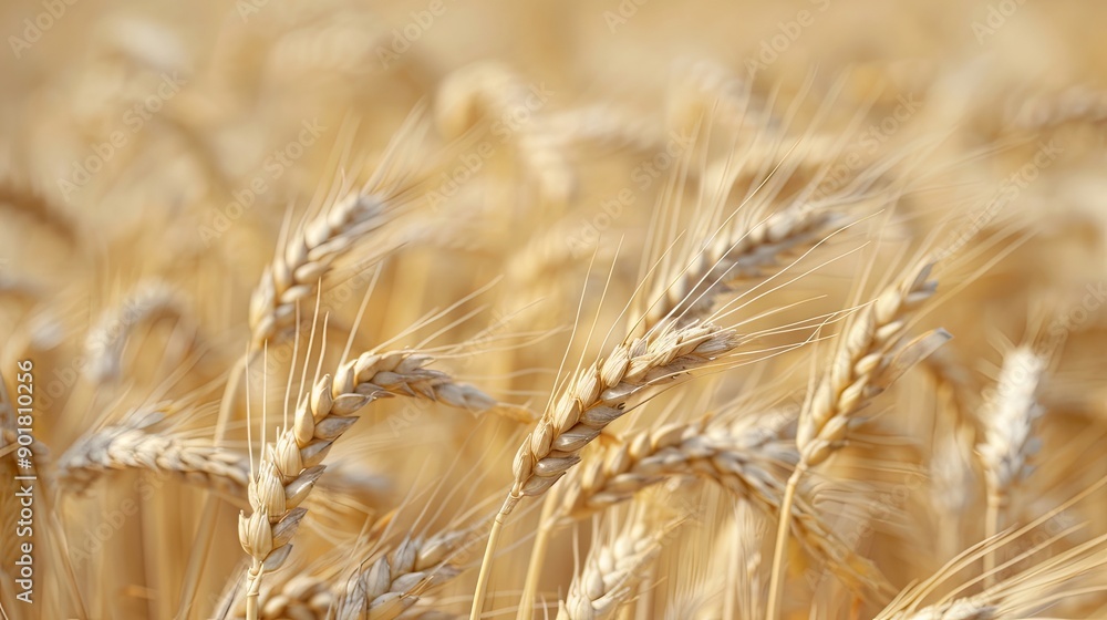 Fototapeta premium Wheat field with ripe ears in the rays of sunset. Beautiful rural scenery with rich harvest. Nature background. Illustration for cover, card, postcard, interior design, decor or print.