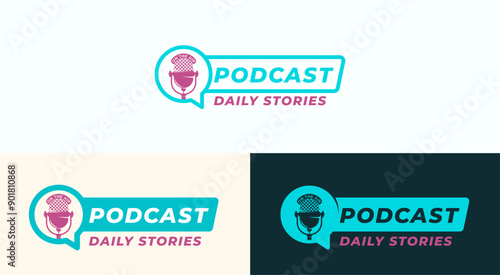Podcast Mic Logo Templates Set. Retro Radio Broadcasting Microphone with Typography and Speech Bubble Symbol. Media Audio Show Emblems Design Bundle Isolated