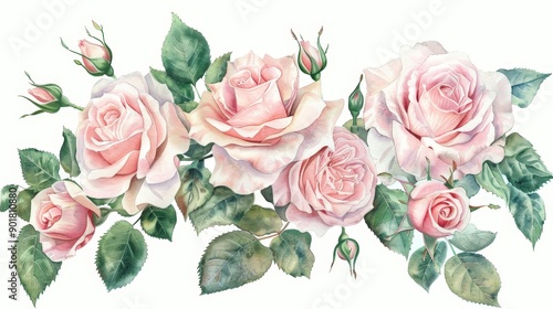 Watercolor Painting of Delicate Pink Roses with Green Foliage A Romantic Floral Illustration for Wedding Invitations, Floral Design, and Greeting Cards © ishootgood