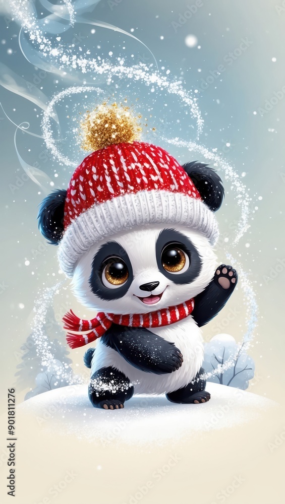 A charming panda decked in a red knit hat and scarf, enjoying the snowy outdoors with trees in the backdrop. A charming panda decked in a red knit hat and scarf, enjoying the snowy outdoors with trees in the backdrop.