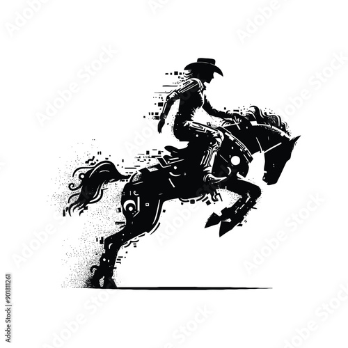 rodeo sport female player with cyberpunk, glitch pattern illustration, emblem shield badge