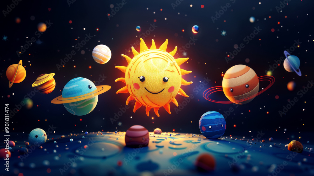 Naklejka premium A cheerful sun surrounded by colorful planets in a vibrant cosmic scene, perfect for children's themes and educational content.