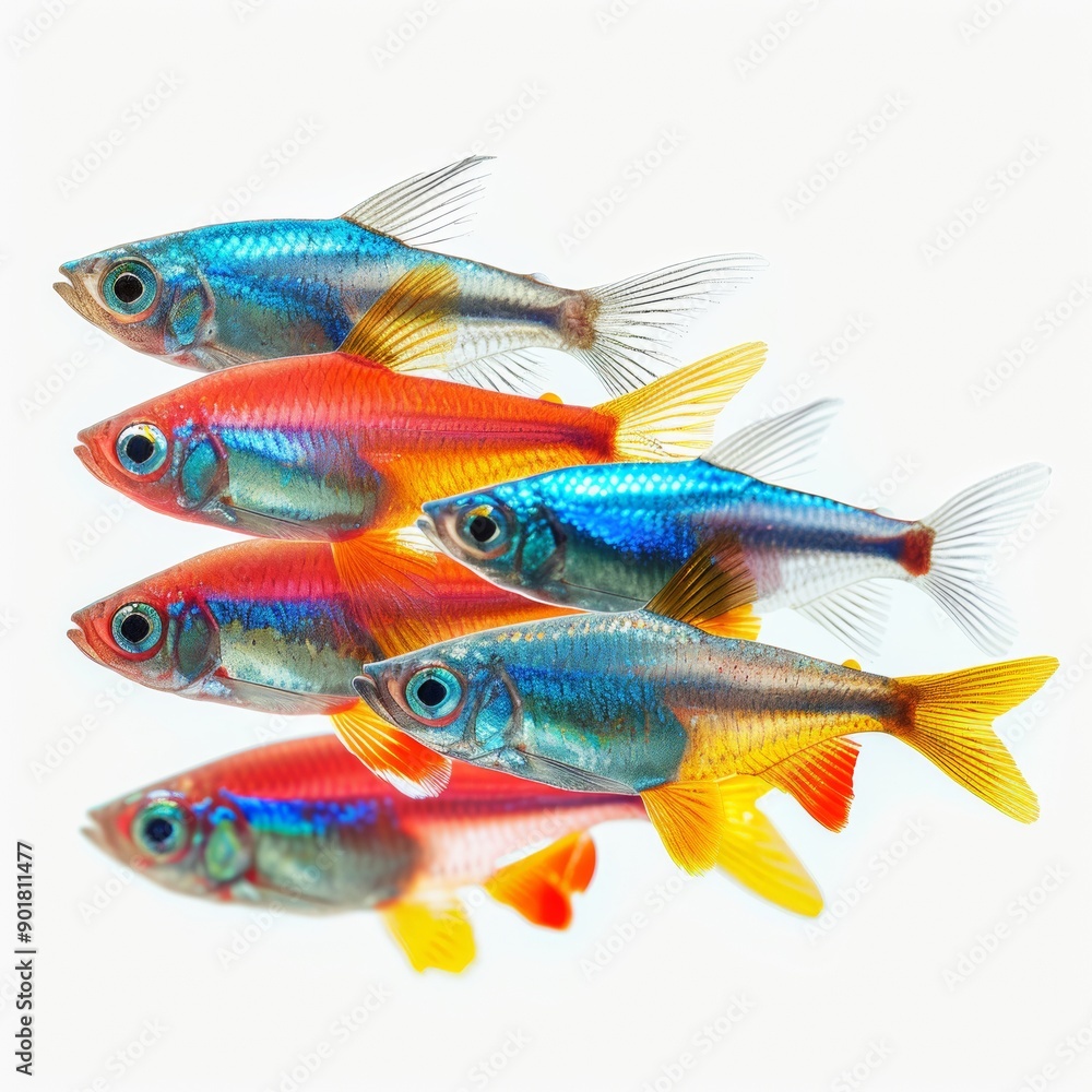 Lively Neon Tetras Swimming in Unison - Aquatic Life on White Background Lively Neon Tetras Swimming in Unison - Aquatic Life on White Background