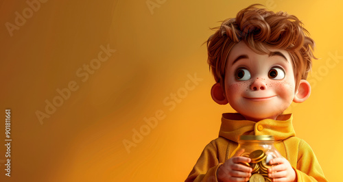 A joyful boy in a yellow raincoat holding a jar of cookies, set against a vibrant orange background, exuding innocence and curiosity.