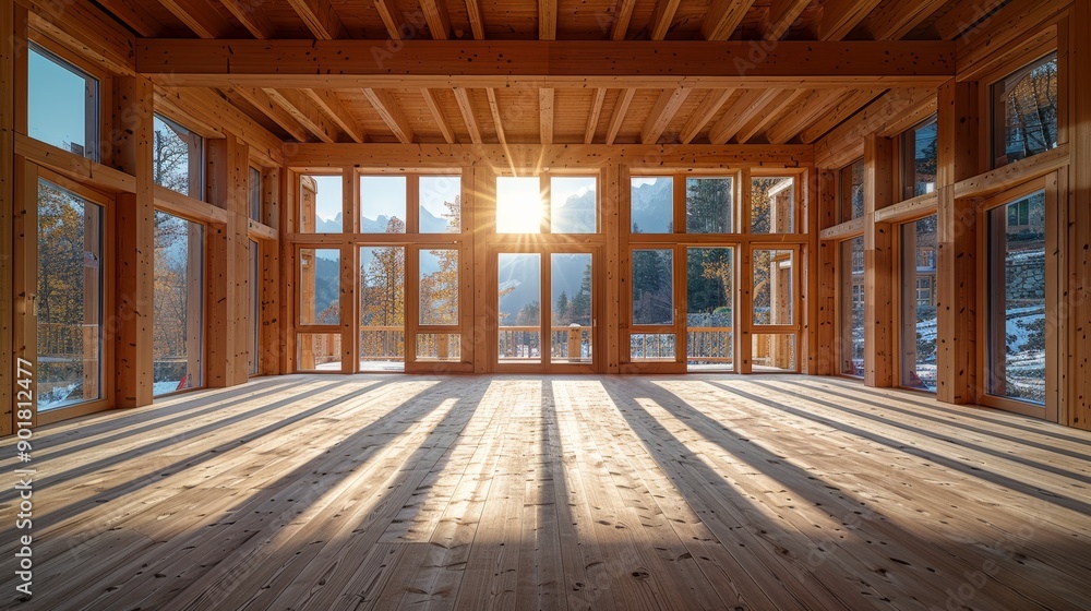 Sunlight shining through large windows of a new empty wooden mountain house with view on the alps