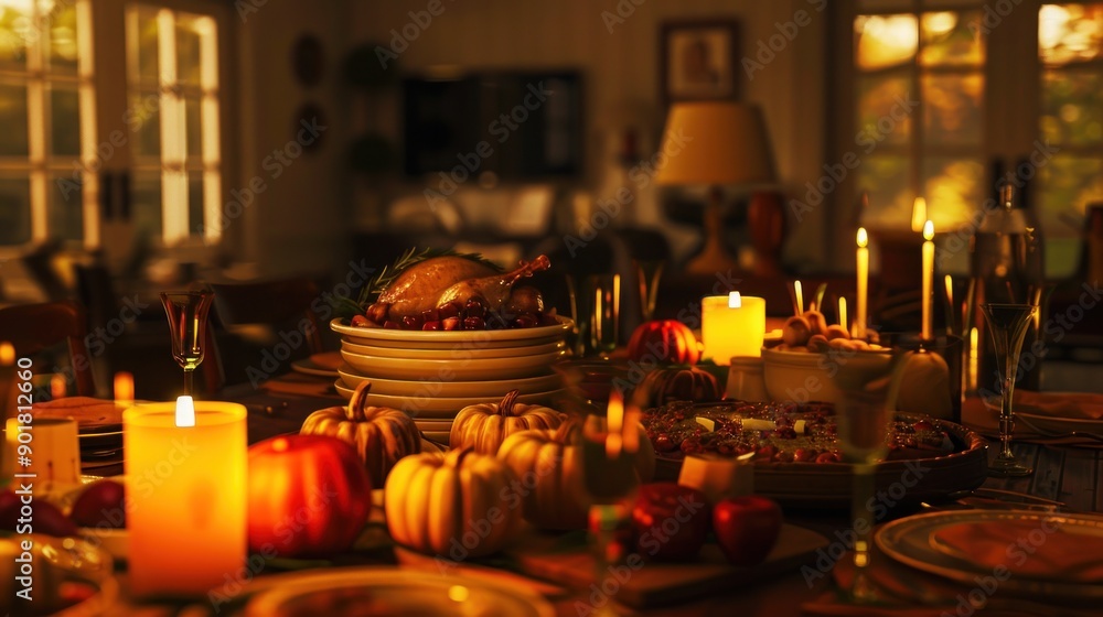 A Thanksgiving table setting with candles, pumpkins, a roasted turkey, and other dishes. A Thanksgiving table setting with candles, pumpkins, a roasted turkey, and other dishes.