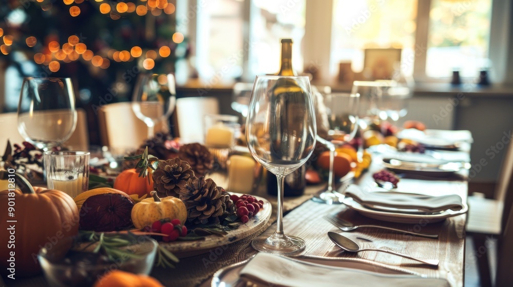 Festive table setting with pumpkins, pinecones and a wine glass. Festive table setting with pumpkins, pinecones and a wine glass.