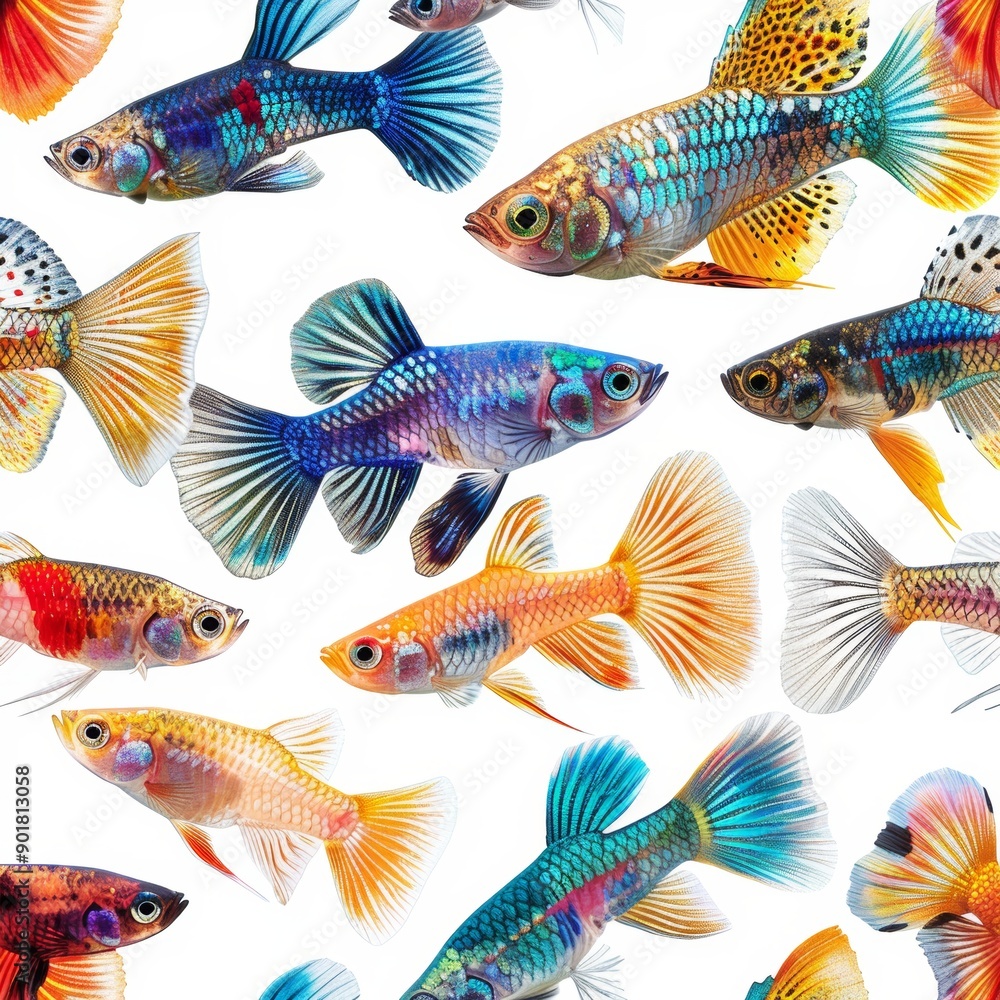 Vibrant School of Colorful Guppies Swimming in Harmony on White Background - Perfect for Aquatic Content Vibrant School of Colorful Guppies Swimming in Harmony on White Background - Perfect for Aquatic Content