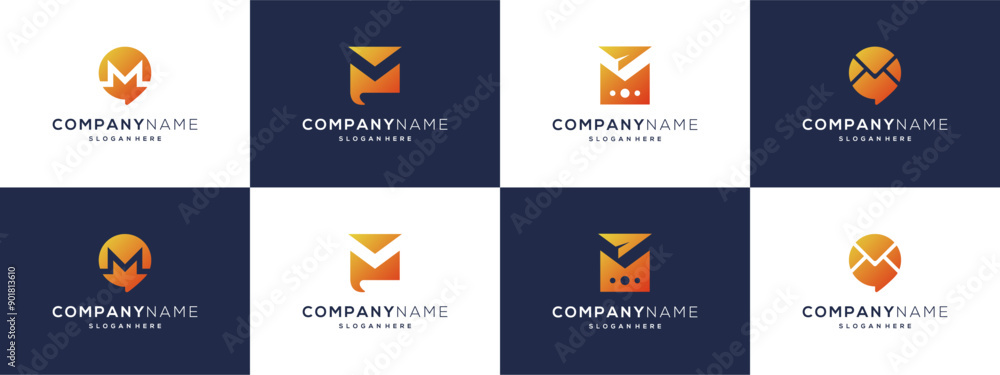 Collection of communications logo vector ideas. Abstract shapes of email, message, bubble chat, paper plane. Modern design based icon template. Collection of communications logo vector ideas. Abstract shapes of email, message, bubble chat, paper plane. Modern design based icon template.