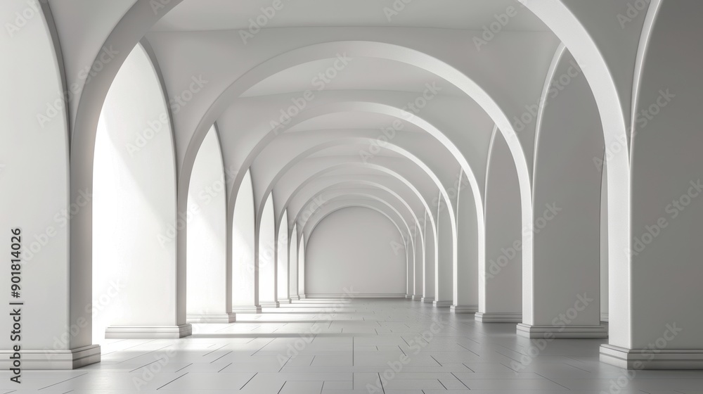 Fototapeta premium Symmetrical white arched corridor with soft light creating an elegant and serene architectural space with clean lines.