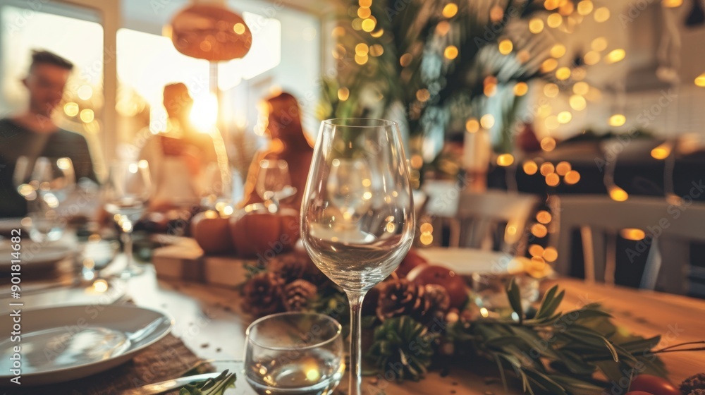 Empty wine glass on a table with blurred background of people and lights. Empty wine glass on a table with blurred background of people and lights.