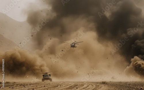 Black Hawk Helicopter Flying in Desert Dust at Sunset