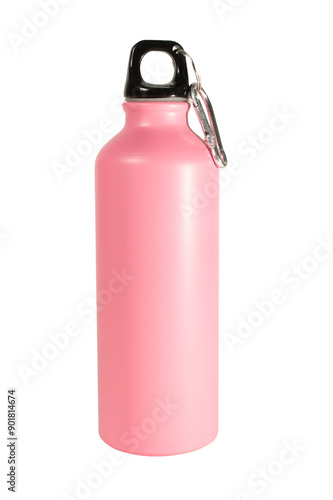 Pink aluminum water bottle, isolated on a blank background.